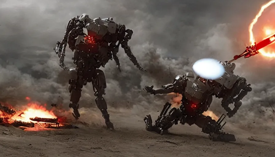 Image similar to Big budget movie about a cyborg demon fighting a surface to air missile system