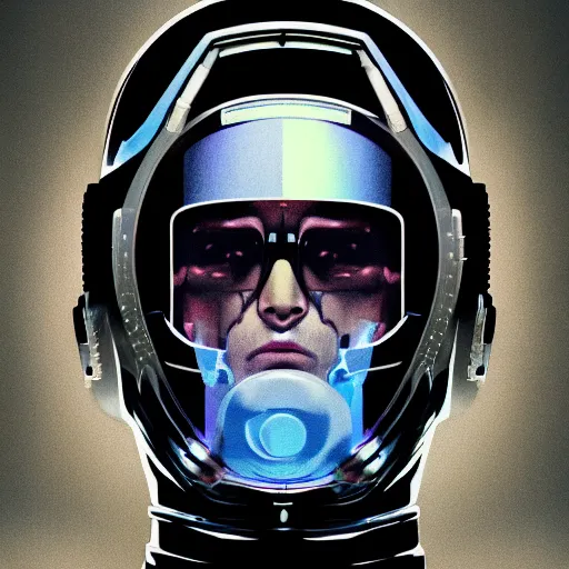 Image similar to portrait of a space hank hill. intricate abstract. cyberpunk, vhs glitch. full face broken helmet. intricate artwork. nightmare fuel. terrifying. empty oxygen tank. by Tooth Wu, octane render, trending on artstation, greg rutkowski very coherent symmetrical artwork. cinematic, hyper realism, high detail, octane render, 8k, iridescent accents, black and white