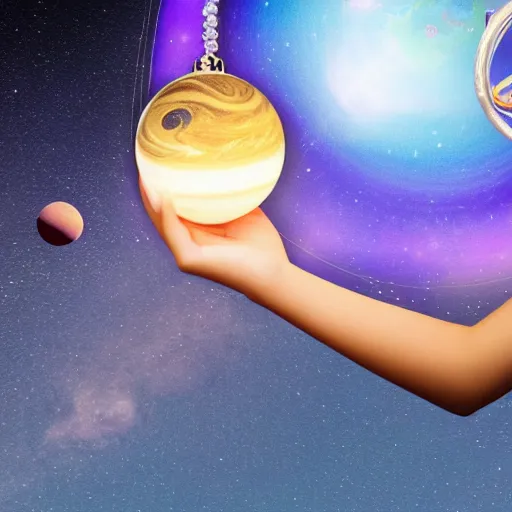 Image similar to a closeup of a woman wearing a neckless on the neck with a glowing planet Saturn as the pendant, the rings are glowing around the planet, the woman's hand reaching for the pendant, in the style of toy story Pixar movie