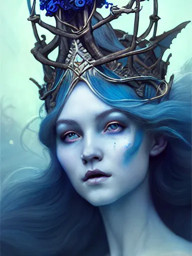 Image similar to the elven queen with blue skin by james jean, charlie bowater, tom bagshaw, nikolay makovsky : : enchanting, ethereal, magical, portrait, character design, illustration, hyperrealism, photorealism, digital art, concept art, fantasy, whimsy, weta, wlop, artstation