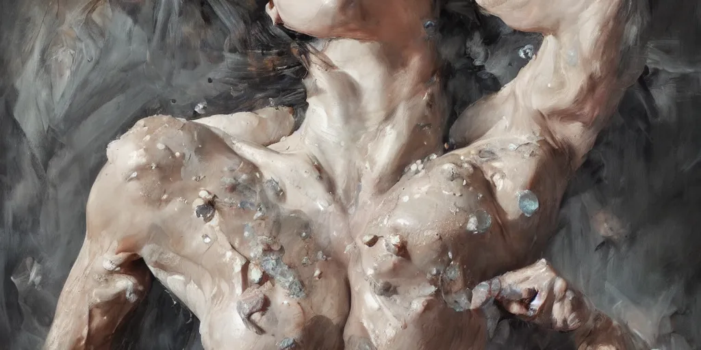 Prompt: highly detailed photography of a strong women fighting with rocks, crystals, dust particles sharp focus, dramatic scene, aesthetic, dynamic lighting, elegant, harmony, masterpiece, by jenny saville, by ben aronson, by james jean, by roberto ferri, by jeremy mann, by lucian freud, by kent williams, high quality