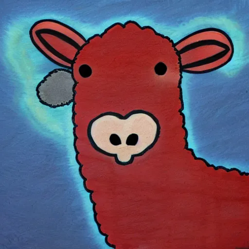 Image similar to Sheep with red whool and pointy vampire teeth, ambient lighting, highly detailed, mystic, tpg artwork