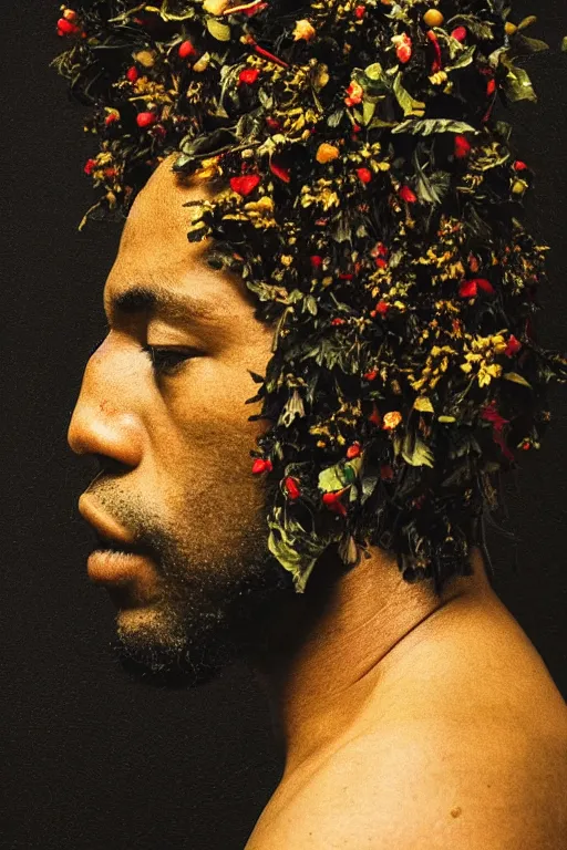 Image similar to a black man's face in profile, no beard, long curly hair, made of flowers and fruit, in the style of the Dutch masters and Gregory crewdson, dark and moody