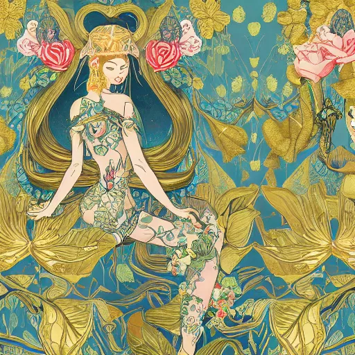 Prompt: Gilded lotus princess, ivy, oriental wallpaper, james jean