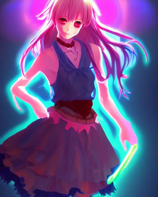 Image similar to anime style, vivid, expressive, full body, 4 k, painting, a cute magical girl idol with a long wavy hair wearing a dress fighting monsters, correct proportions, stunning, realistic light and shadow effects, neon lights, studio ghibly makoto shinkai yuji yamaguchi