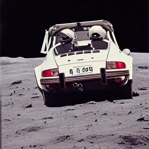 Image similar to vintage photo of a porsche 911 on the moon. apollo moon landing