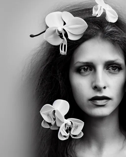 Prompt: women portrait, close - up, orchid flowers, retro, palaroid, high sharpness, zeiss lens, fashion photo shoot black and white photo, annie leibovitz, paolo roversi, greg kadel, inez vinoodh, karl lagerfel artistic, hyperrealistic, beautiful face, octane rendering