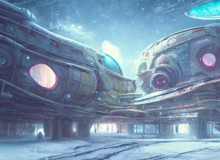 Prompt: detailed concept art illustration colorful pastel painting of a rusted sci-fi solarpunk spaceship covered in snow in full intricate detail, ultra detailed, digital art, octane render, 4K, dystopian, micro details