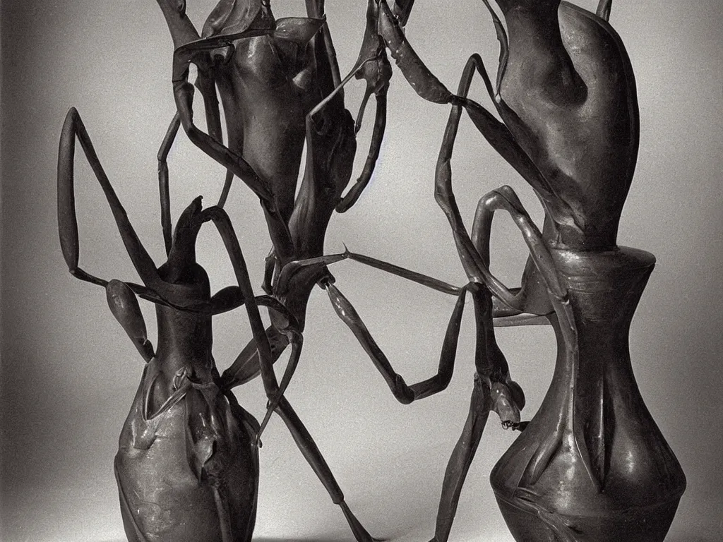 Image similar to sculpted artistic gothic candle amphora in the shape of a praying mantis. karl blossfeldt, salvador dali