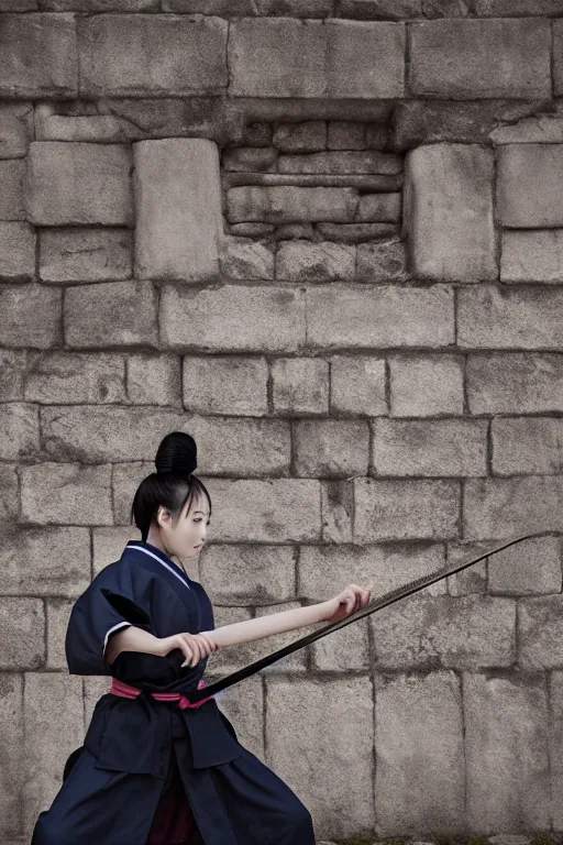 Image similar to highly detailed beautiful photo of a young female samurai, practising sword stances in a ancient temple, symmetrical face, beautiful eyes, realistic anime art style, 8 k, award winning photo, pastels, action photography, 1 / 1 2 5 shutter speed, dramatic lighting