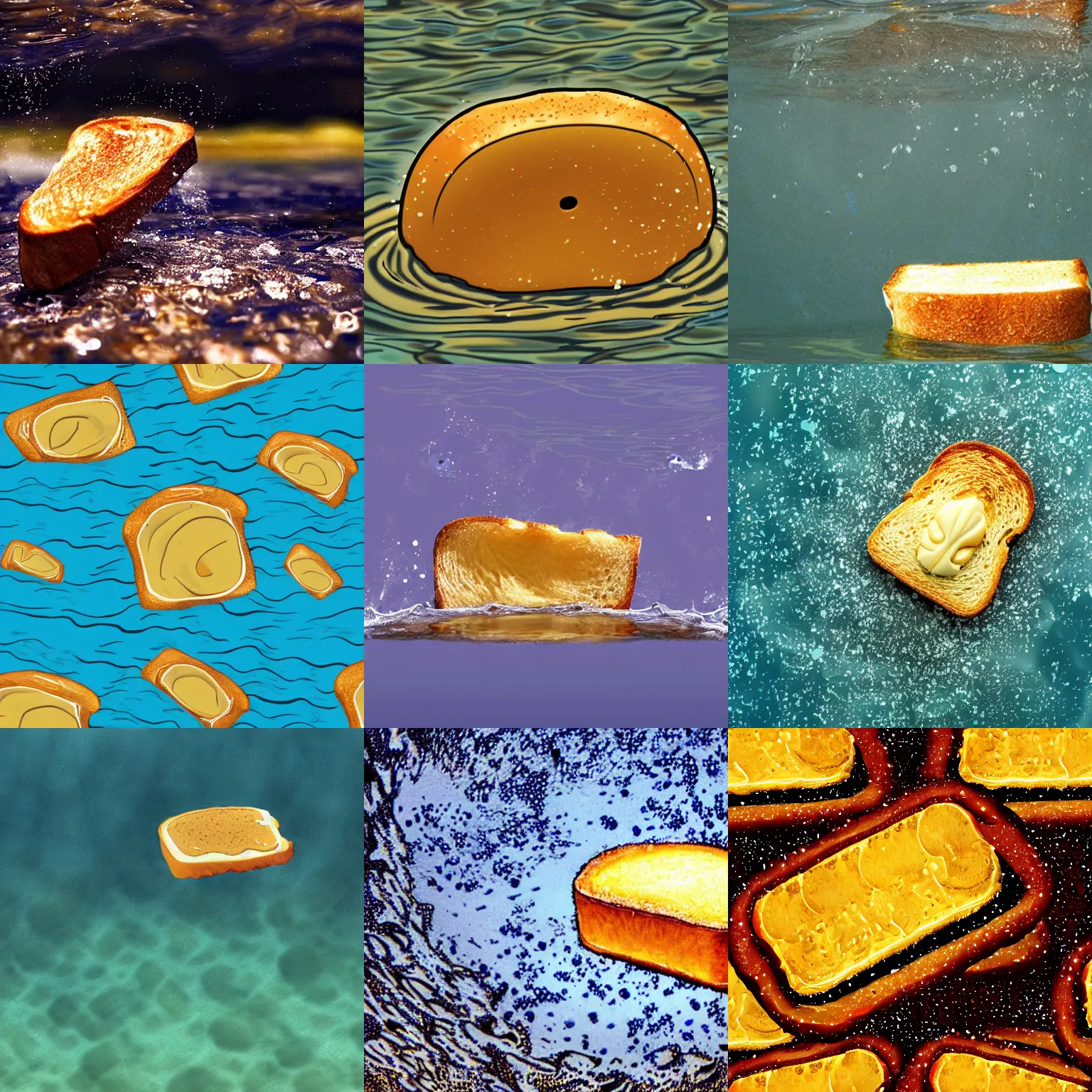 Prompt: buttery toast floating underwater, burnt, soggy, cartoon