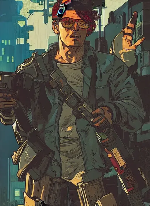 Prompt: hector. cyberpunk mercenary with scenic background. portrait illustration, pop art, art by ashley wood, alphonse mucha, laurie greasley and josan gonzalez. cinematic. beautiful lighting.