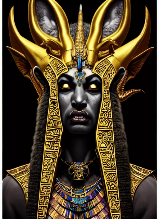 Prompt: angry god anubis, growling jackal with egyptian headdress and nemes, ornate art nouveau detail, symmetrical portrait, black and gold palette, fantasy, intricate, elegant, highly detailed, colorful, dark colors, dramatic shadow, digital painting, artstation, concept art, art by artgerm and greg rutkowski and ruan jia,