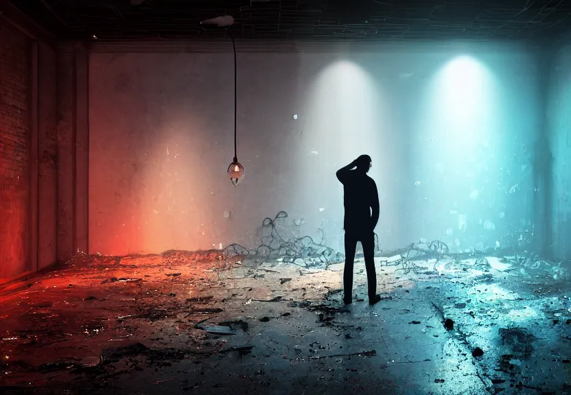 Image similar to a sad man in the center of the room looks out the magic window behind which is the old ruined city, toxic colorful slime and debris pouring from the ceiling in a large gothic cracked steampunk room spilling over the transparent floor and splashing large glowing luminescent neon drops, field - blur, floodlight, argand lamp, 4 k