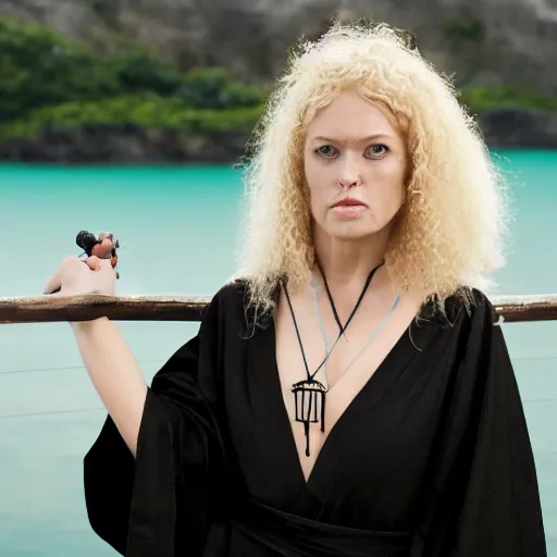 Image similar to a blonde woman in a black robe leaning over the railing of a ship, a beautiful english woman with a long face narrow nose pale skin blue eyes red lips and wild messy tangles of curly white blonde hair, high resolution film still wearing a black robe and skull necklace and holding a spear, sandy, a journey to the west