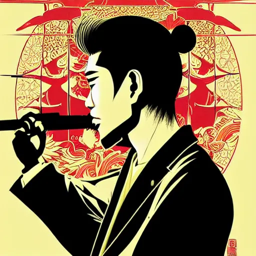 Image similar to silhouette of a yakuza warrior illustration 以 最 高 的 忠 诚 度 为 他 的 国 家 服 务 。, vector art style, medium shot, intricate, elegant, highly detailed, digital art, ffffound, art by jc leyendecker and sachin teng