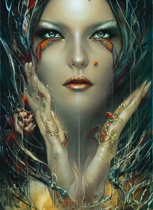 Image similar to magic enlightened cult psychic lovable woman, painted face, third eye, energetic consciousness psychedelic, epic surrealism expressionism symbolism, by karol bak, masterpiece