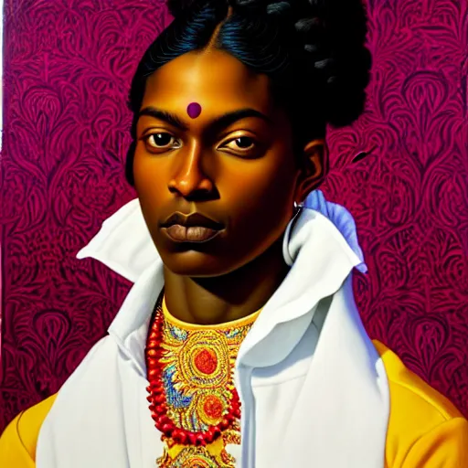 Prompt: A portrait of a slender contemporary and pretty non-binary person, dark skin tone, Indian, oil painting by Kehinde Wiley, majestic, detailed, high resolution