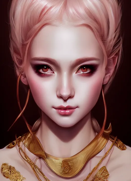 Image similar to dreamlike luxury stunning devil portrait, pale pink and gold kimono, art by artgerm, wlop, loish, ilya kuvshinov, 8 k realistic, hyperdetailed, beautiful lighting, detailed background, depth of field, symmetrical face, frostbite 3 engine, cryengine,