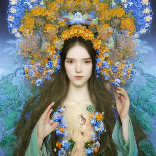 Image similar to breathtaking detailed concept art painting of the goddess of nemophila flowers, orthodox saint, with anxious, piercing eyes, ornate background, amalgamation of leaves and flowers, by Hsiao-Ron Cheng, James jean, Miho Hirano, Hayao Miyazaki, extremely moody lighting, 8K