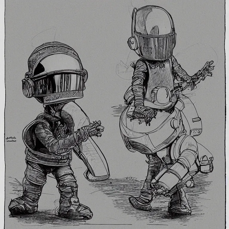 Image similar to sketch of a cute chibi dnd daft punk gnome inventor tinkerer wearing a helmet, walking cautiously, etching by louis le breton, moebius 1 8 6 9, 1 2 0 0 dpi scan