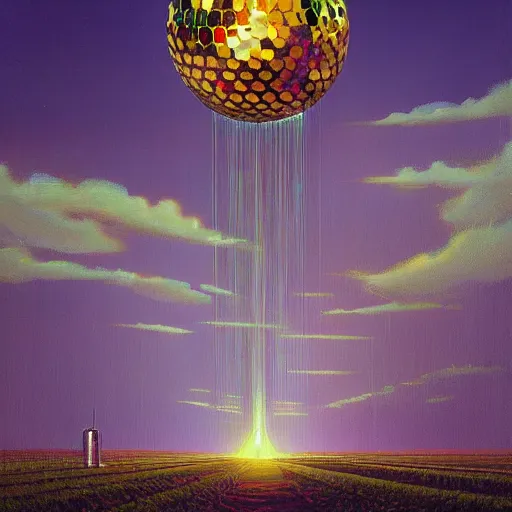 Prompt: a beautiful painting by thomas brom trending on artstation A farm of disco balls, by beeple and james gurney trending on artstation A supersonic irrigation device invented in the woodmarked plain