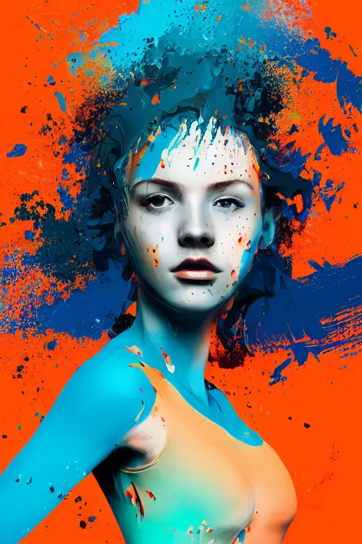 Image similar to a award winning half body portrait of a beautiful woman in a croptop and cargo pants with ombre orange blue teal hairstyle with head in motion and hair flying, paint splashes, splatter, outrun, vaporware, shaded flat illustration, digital art, trending on artstation, highly detailed, fine detail, intricate