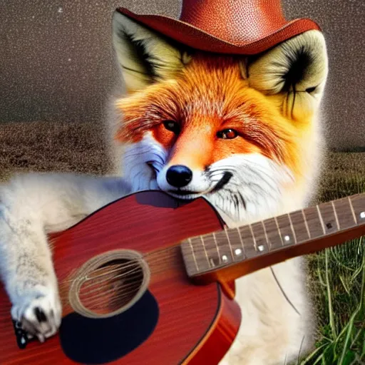 Image similar to a female fluffy fox animal, wearing cowboy hat, wearing plaid shirt, playing guitar, in a field, barn in background, album cover style