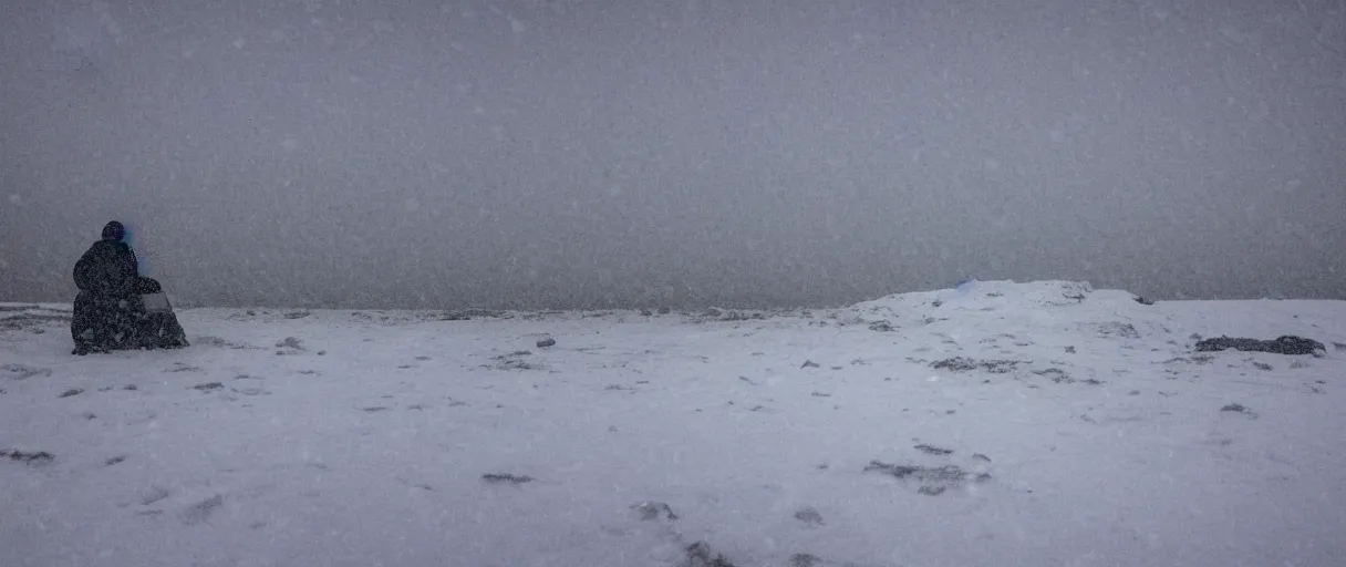 Prompt: a high quality color closeup hd 4 k film 3 5 mm photograph of very heavy snow storm blizzard in desolate antarctica, the faint barely visible silhouette of a bulky man is inside the blizzard