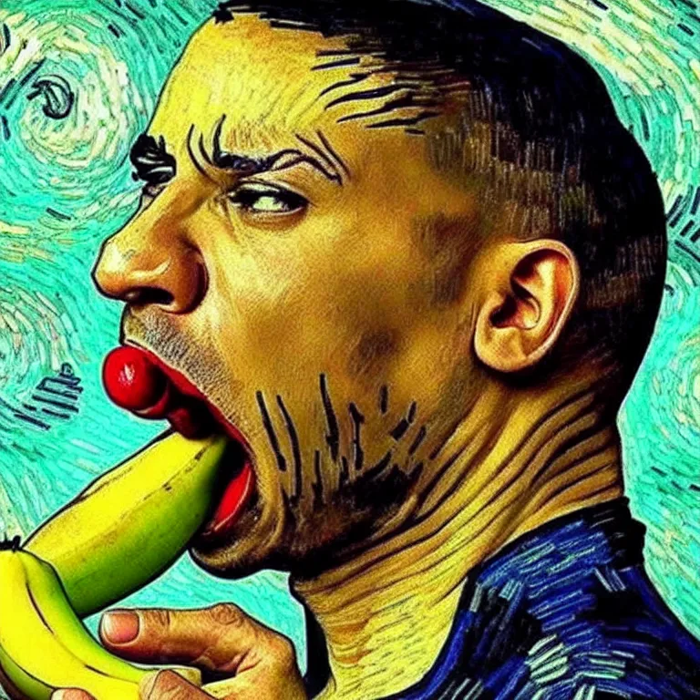 Image similar to vin diesel licking a banana in the style of van gogh