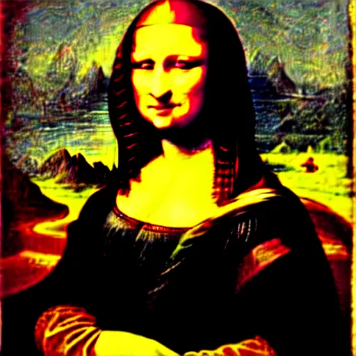 Image similar to failed restoration of mona lisa, modernized features, partly ruined painting smudges