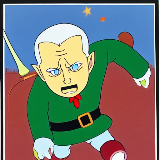 Prompt: cel - shaded image of joe biden as tingle from legend of zelda, studio ghibli animation cel by moebious