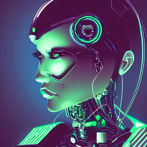 Image similar to a robot lady, clear vector, vectorial curves, sci-fi, close-up, cybernetic implant, neon, cyberpunk, center frame portrait, 2D, matte-painting
