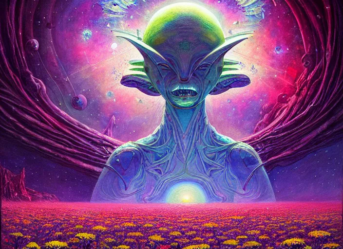 Image similar to a beautiful painting of a large alien shrine shrouded by mystic nebula magic in a field of flowers by moebius and android jones, oil on canvas sharp, details, hyper - detailed, hd, hdr, 4 k, 8 k