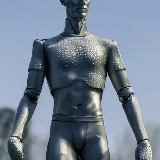 Image similar to a realistic detailed photo of a guy who is an attractive humanoid who is half robot and half humanoid, who is a male android, soccer player martin ødegaard, shiny skin, posing like a statue, blank stare, by the pool, on display, showing off his muscles, humanoid robot, frozen ice statue