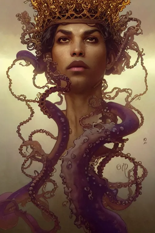 Prompt: Prince , a golden crown floating above his head, tentacles coming out the ground art by Artgerm and Greg Rutkowski and Alphonse Mucha and Craig Mullins and James Jean and Andrei Riabovitchev and Marc Simonetti and peter mohrbacher, sharp focus, ominous, cosmic horror, trending on artstation, Ultra detailed, hyper realistic 4k