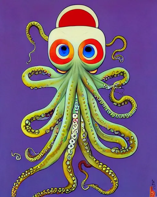 Prompt: Octopus goddess, a painting of a weird creature with a weird hat, a surrealist painting by Takashi Murakami, trending on deviantart, pop surrealism, lowbrow, lovecraftian, whimsical