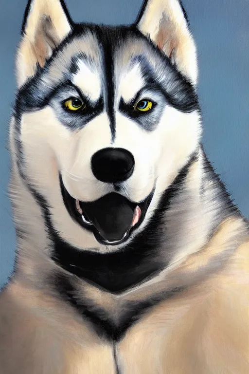 Prompt: a portrait painting of a husky in cowboy costume, character design, anime, humanoid, personify, anthropomorphic