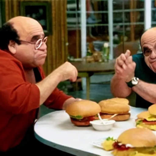 Image similar to Danny DeVito punches a Hamburger, cinematic, bloom