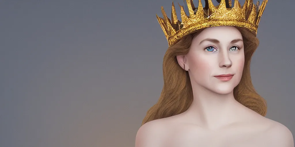 Prompt: realistic portrait of the future queen with golden crowns and pretty eyes, ultra realistic, 8k