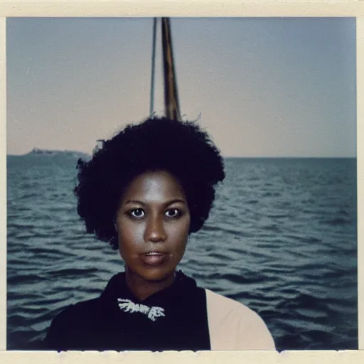 Image similar to a medium full shot, german and eastern european mixture polaroid photograph depicting a black woman with dark brown skin, long, swirling black hair, and jade colored eyes, on a sailing boat. she is wearing wearing a yachting dress ensemble in 1 9 8 2.