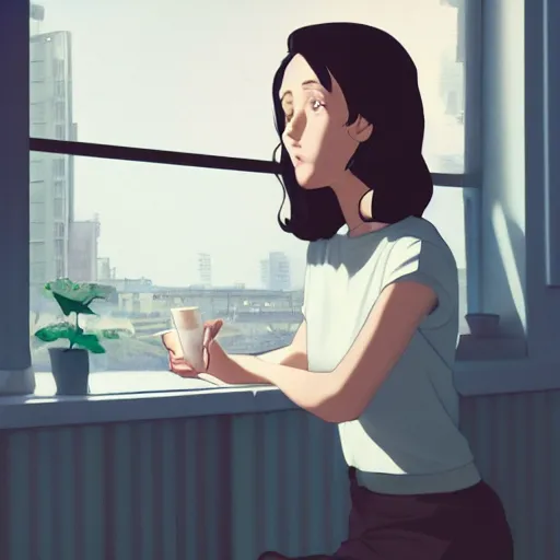 Prompt: portrait of a beautiful girl with dark hair that's styled in a 1940's fashion, dressed in a white t-shirt, sitting in an apartment kitchen alone by window that overlooks futuristic city, nighttime, low-key neon lighting, 4k, HQ, official media, anime key visual, makoto shinkai, ilya kuvshinov, lois van baarle, rossdraws, detailed, trending on artstation