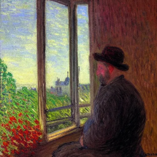 Prompt: it's morning in the house. a man is looking outside the window while drinking coffee. sunlight is beautifully lighting the face. depth of field, pleinairism, in the sun, backlit, closeup, oil on canvas, atr by monet, in the style of le promenade, smooth, impressionnisme, 8 k