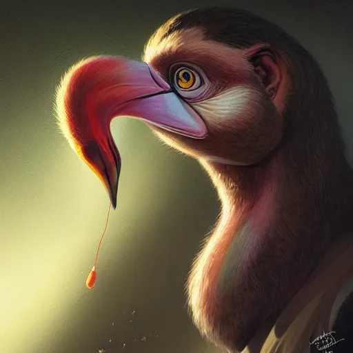 Prompt: Portrait of an anthropomorphic flamingo, Gorilla, Geko, Cat, highly detailed, digital painting, artstation, concept art, smooth, sharp focus, illustration by Artgerm and Greg Rutkowski and Tom Bagshaw