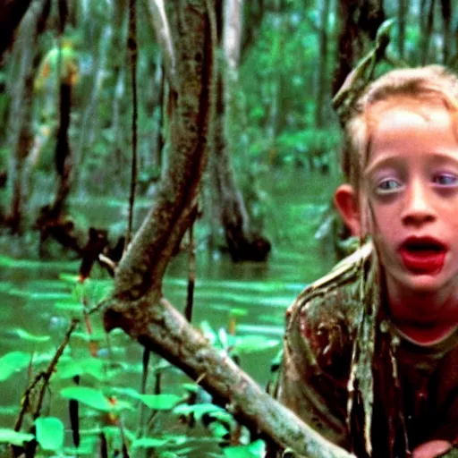 Image similar to cinematic still of macaulay culkin age 8, covered in mud and watching a predator in a swamp in 1 9 8 7 movie predator, hd, 4 k