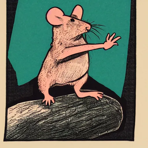 Image similar to a risograph of a rat trying to lift a rock