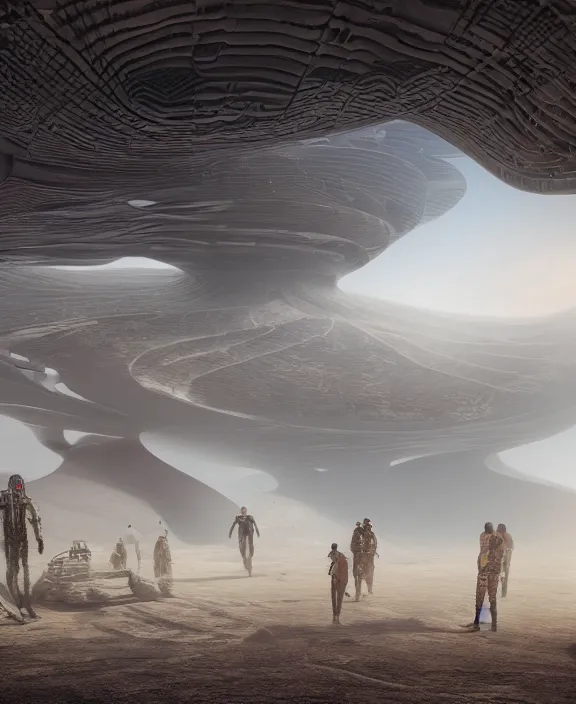 Image similar to surreal futuristic high tech bioremediation architecture in the desert, foggy, highly detailed, digital painting, arstation, concept art, hyperealistic octane render, unreal engine,