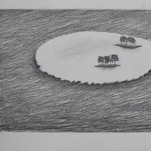 Image similar to minimalistic drawing of a island in the middle of the ocean, birdseye view, drawn by davinci, beautiful drawing, award winning picture, incredible.