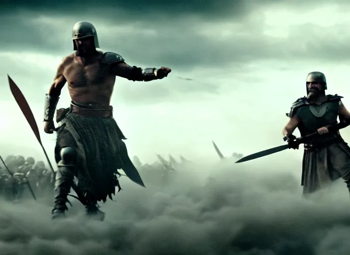 Prompt: cinematic film still of joe biden as leonidas charging into battle in 3 0 0 movie, 8 k, epic moody sky, dramatic lighting