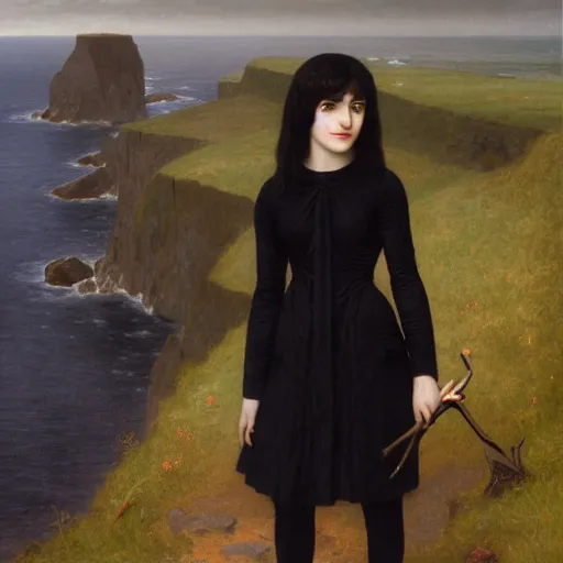 Prompt: 1 7 - year - old pale - skinned british - persian girl with black long bob cut, long bangs, black gothic jacket, black jeans, psychic girl, standing on cliff along the irish coast, overcast gray skies, ultra - realistic, sharp details, subsurface scattering, intricate details, art by william - adolphe bouguereau